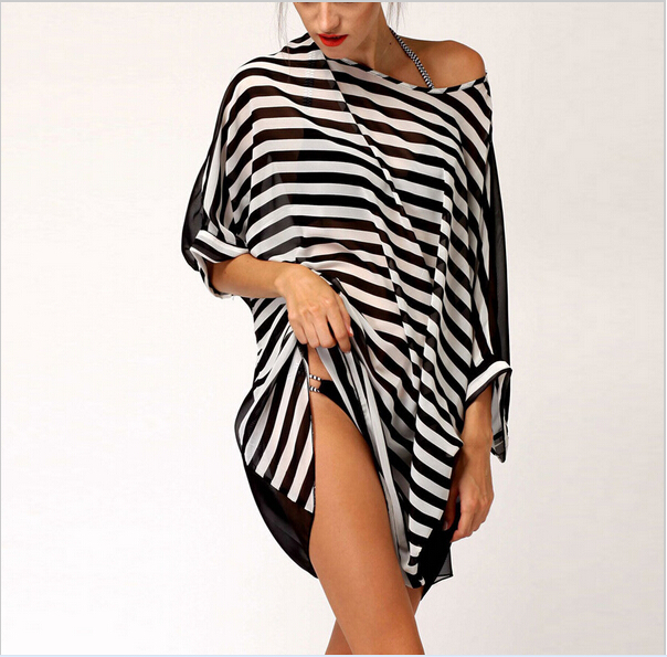 F4393Cheap Women Black Oversized White Stripes Cover-Ups Beach Dress